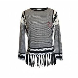 Iphoria 100% Cashmere Fringe Sweater XS / Size 0 Black White Heart Knit